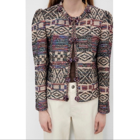 NWT ZARA Cropped Geometric Multicolor Embroidered Wool Blend Jacket Sz S - Picture 4 of 8